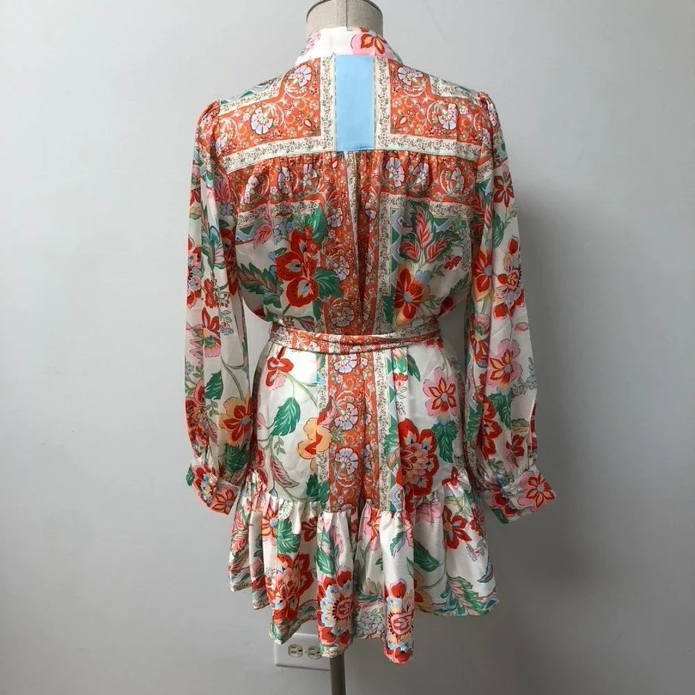 Fate‎ Floral Mini Dress Women Small Orange White Mock Neck Button Up Retro